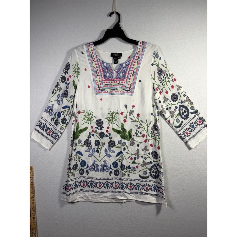 Papillon Embroidered Tunic Women Large White Excellent Boho Floral 3/4 Sleeve